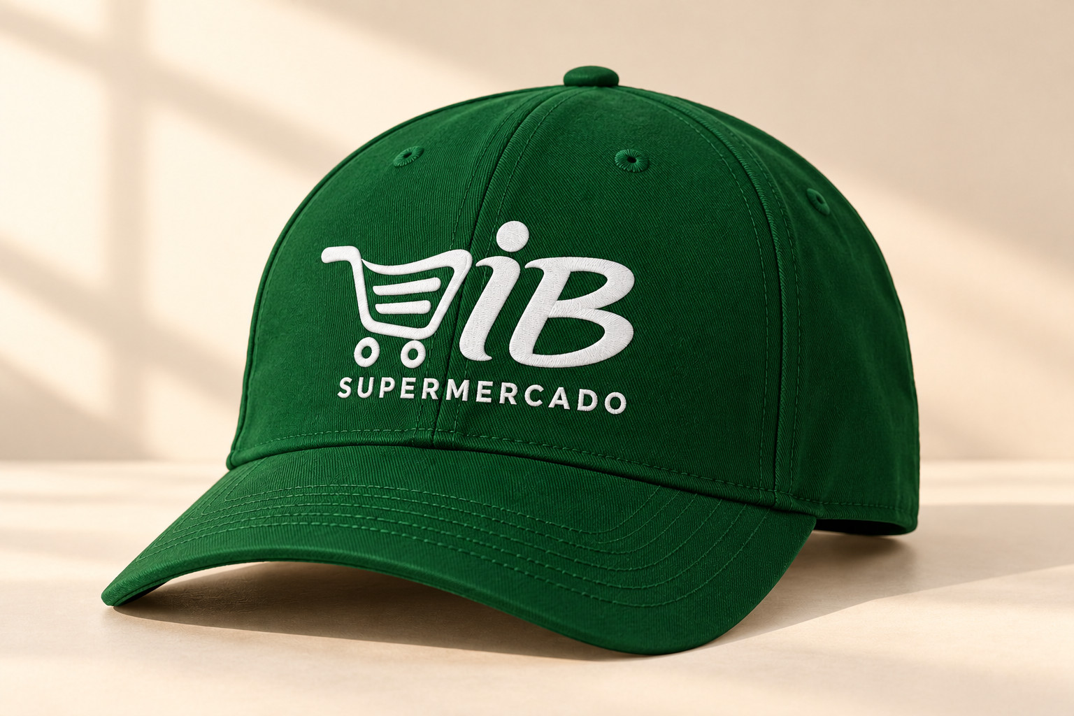 Boné verde com a logo IB toda branca bordada diretamente no tecido