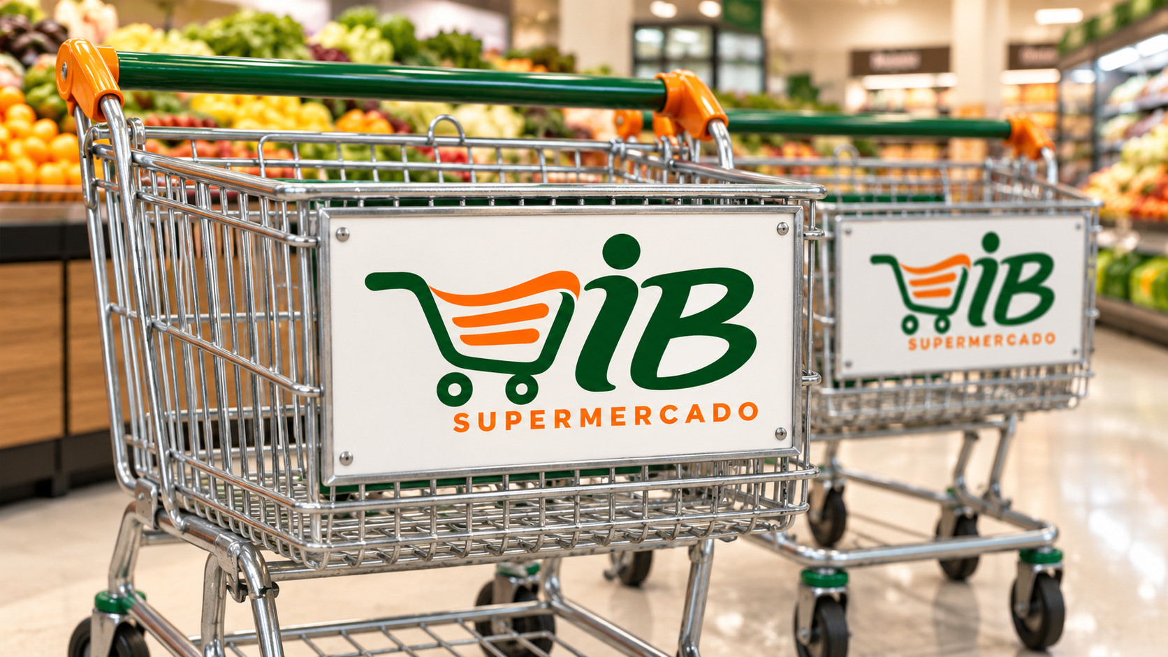 Carrinhos metálicos com alças verdes e placas com a logo oficial do IB