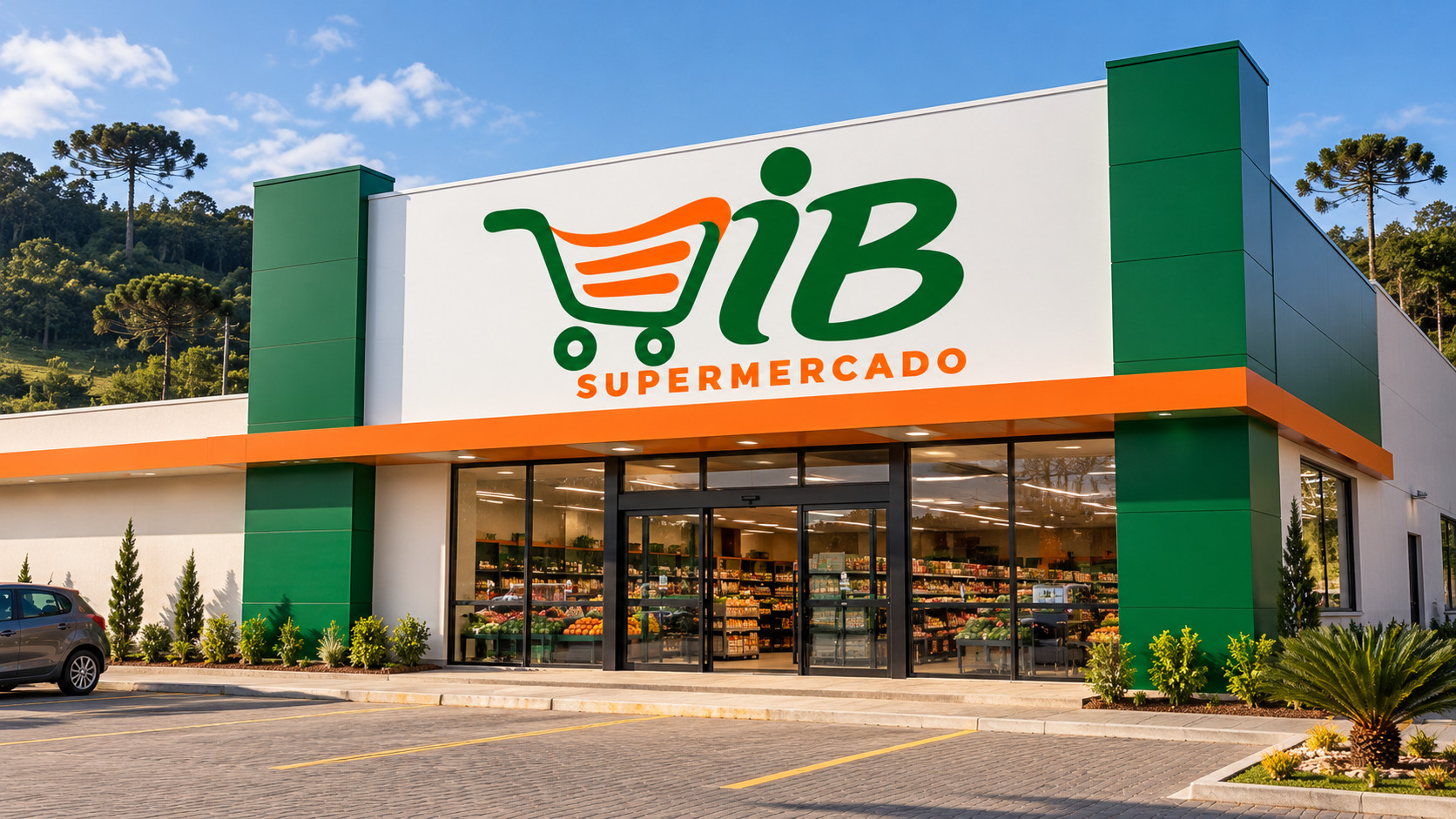 Conceito de fachada térrea do IB com letreiro oficial verde e laranja