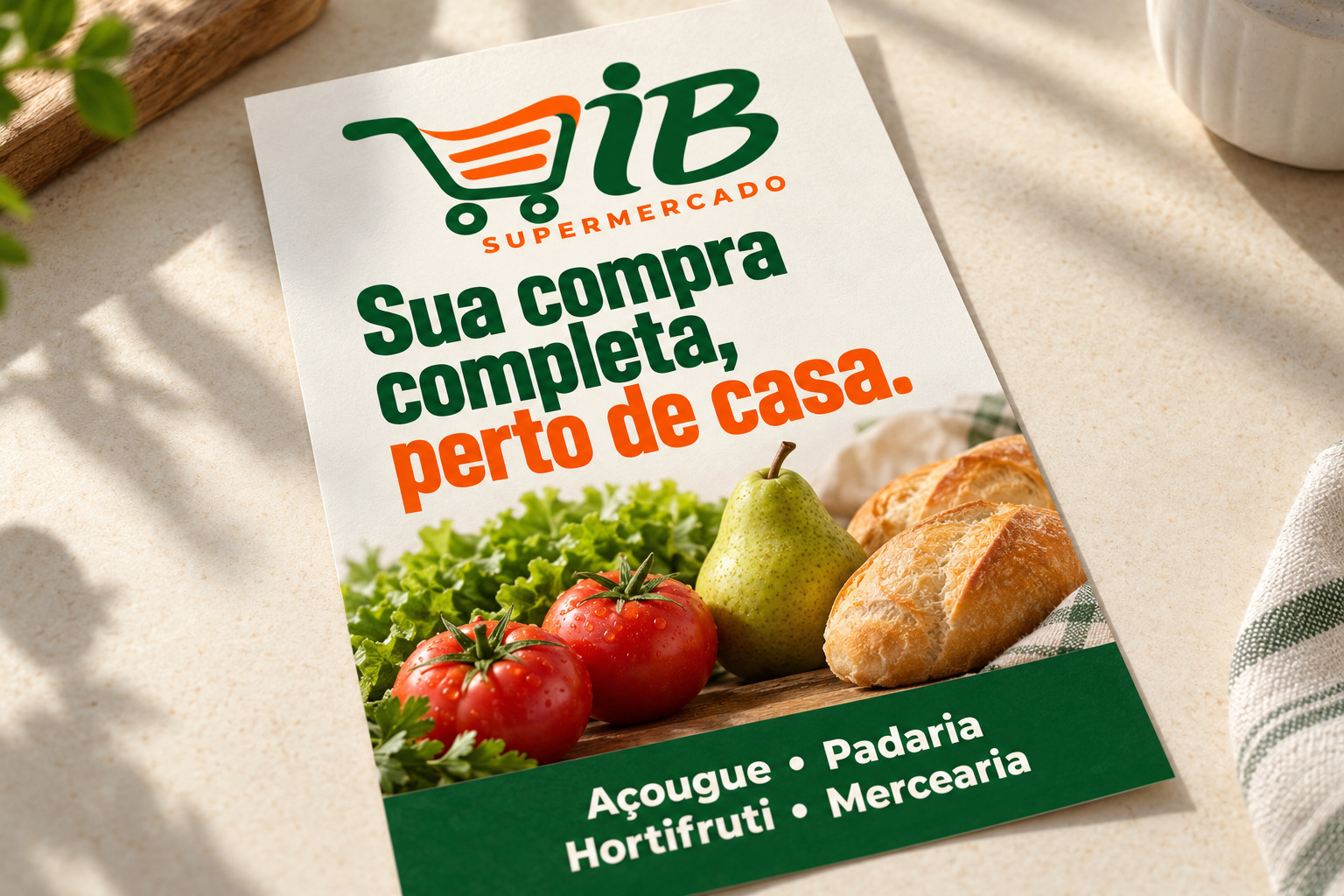 Flyer institucional do IB com logo, hortifruti, pão e a assinatura proposta