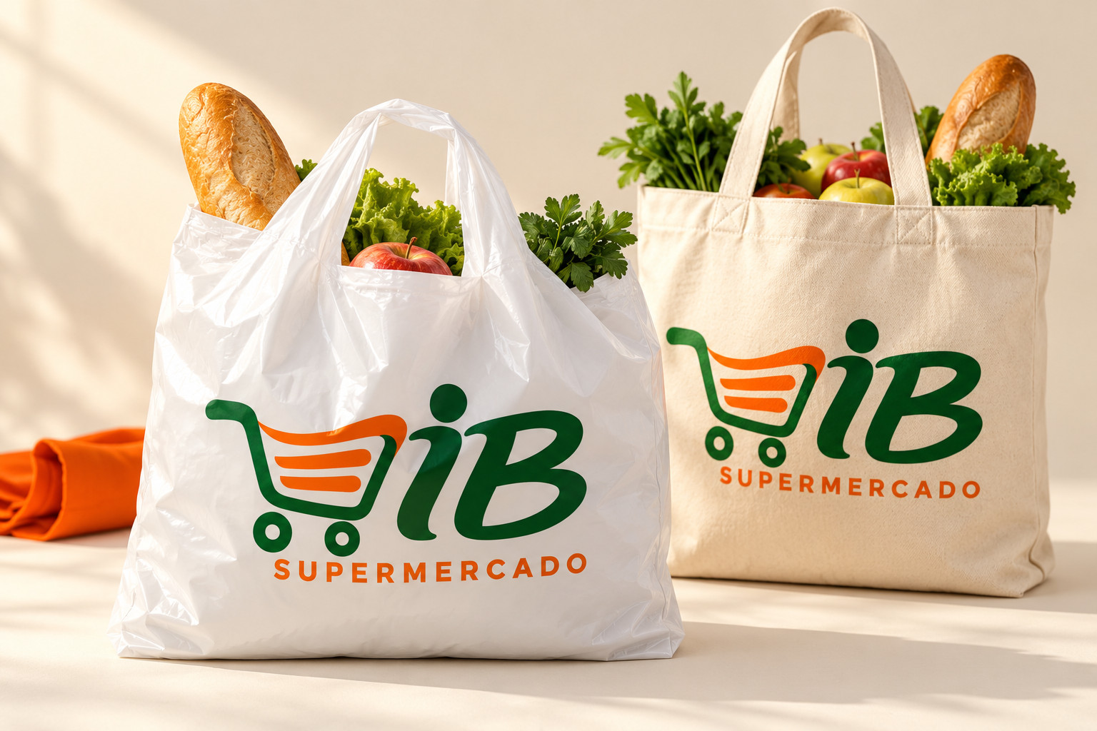 Sacola branca e ecobag com a marca oficial IB e produtos de mercearia