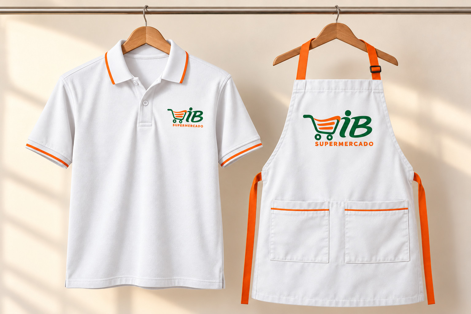 Polo e avental brancos com logo IB verde e laranja diretamente no tecido, sem placa de fundo