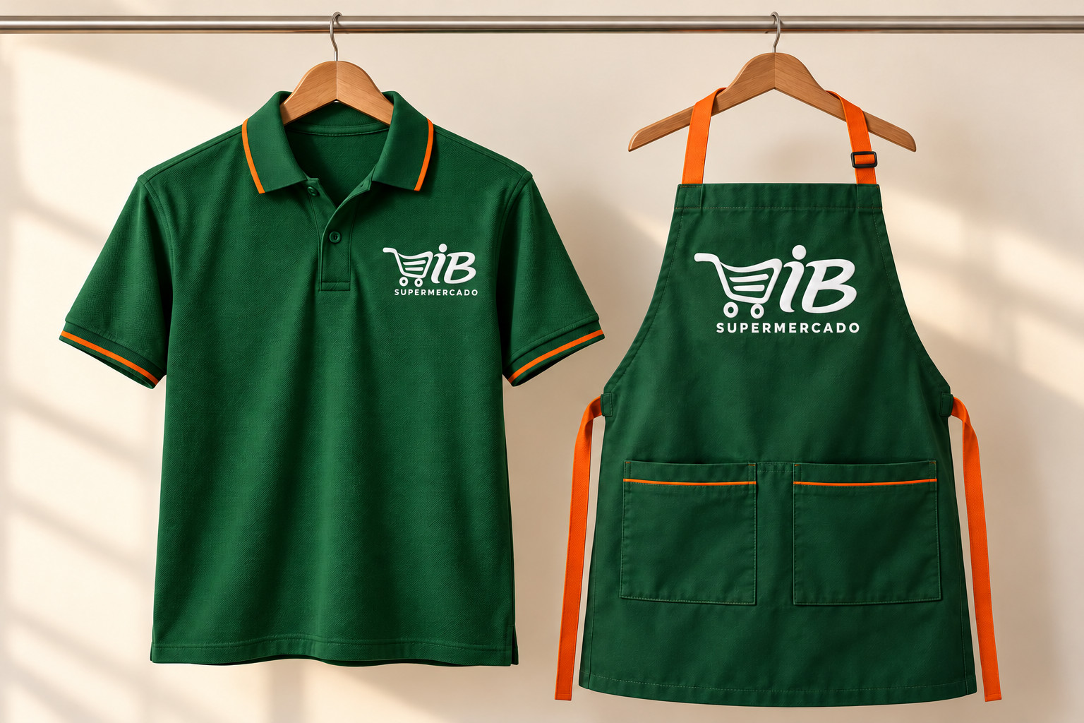 Polo e avental verdes com logo IB toda branca diretamente no tecido, sem placa de fundo
