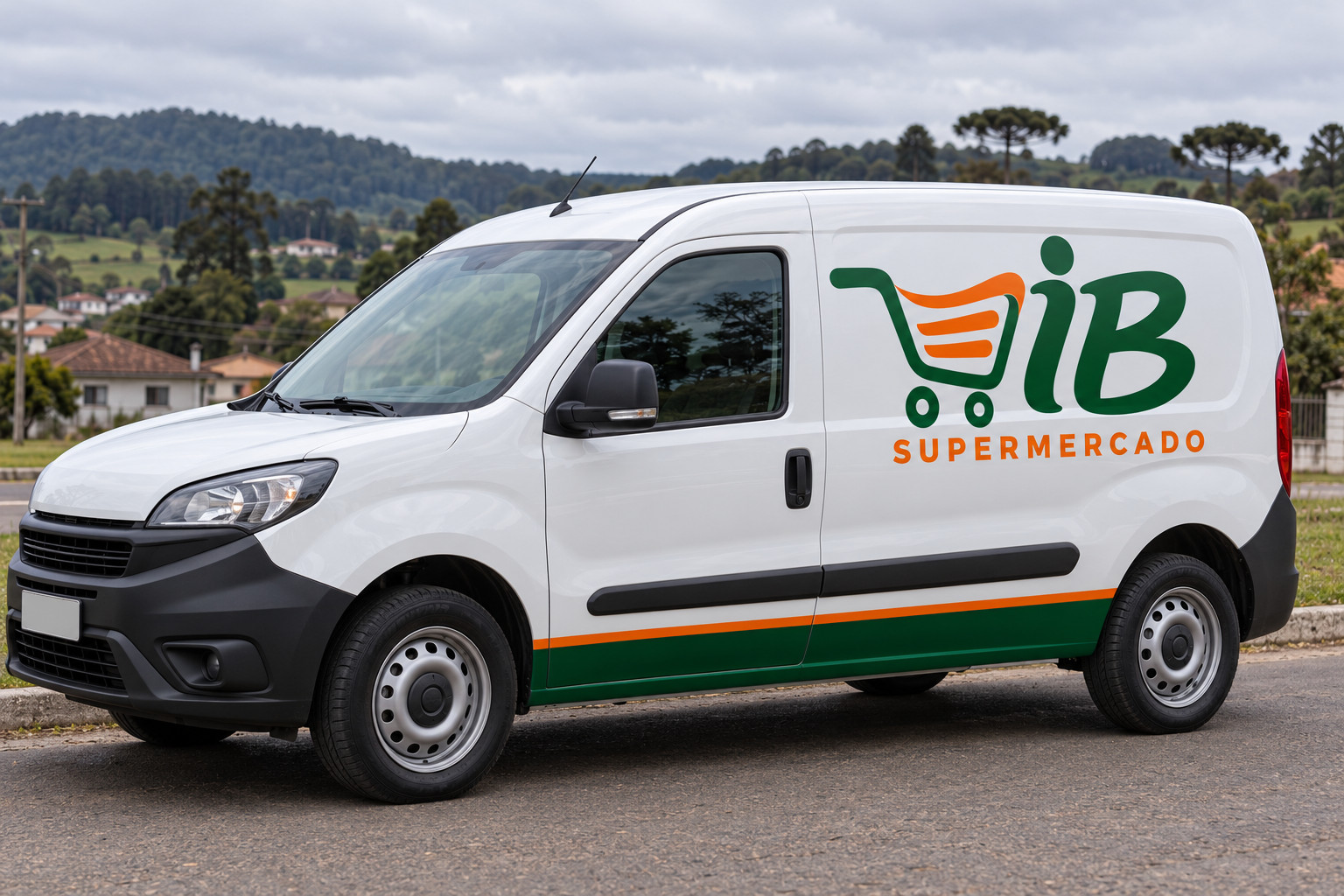 Estudo de utilitário branco com logo IB na lateral em cenário rural